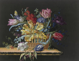 Barbara Regina Dietzsch - Blumenkorb Mit Tulpen Levkojen Rittersporn Und Anderen Blumen Auf Einem Tisch.webp