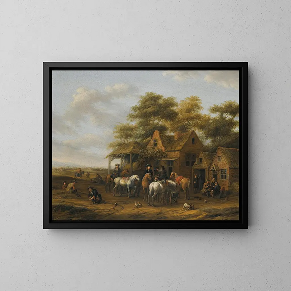Escena de pueblo con muchas figuras, caballos y gallinas - Barent Gael — cuadro enmarcado en la pared