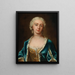 Portrait painting of Augusta, Princess of Wales, wearing pearls and a blue cape lined with ermine - Barthélemy du Pan — framed artwork on a wall