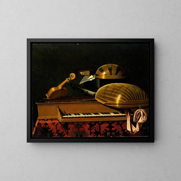 Naturaleza muerta con instrumentos musicales y libros - Bartolomeo Bettera — cuadro enmarcado en la pared
