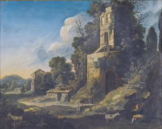 Bartholomeus Breenbergh - Italianate landscape with buildings and a herdsman playing pipes.webp