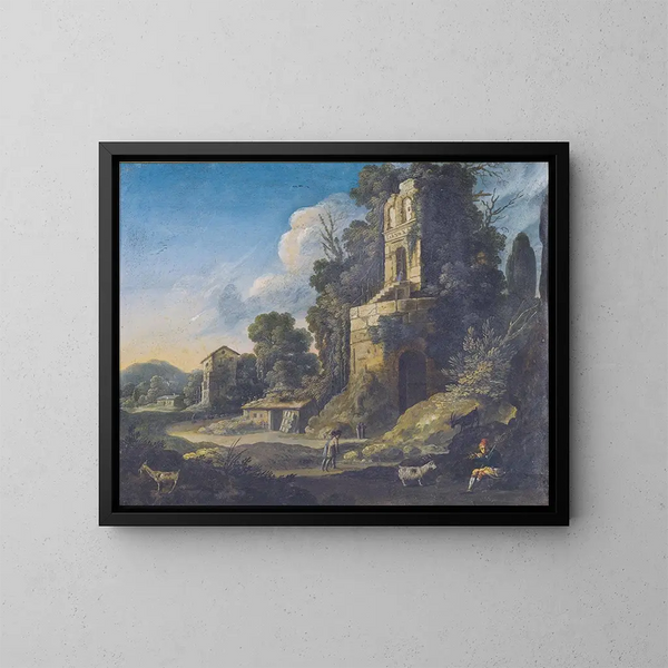 paisaje en cursiva con edificios y un pastor tocando la flauta - Bartholomeus Breenbergh — cuadro enmarcado en la pared