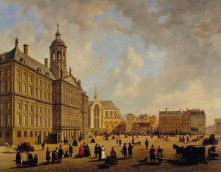 Bartholomeus Johannes van Hove - A bustling day in front of the City hall on the Dam Square the Nieuwe Kerk in the distance Amsterdam.webp