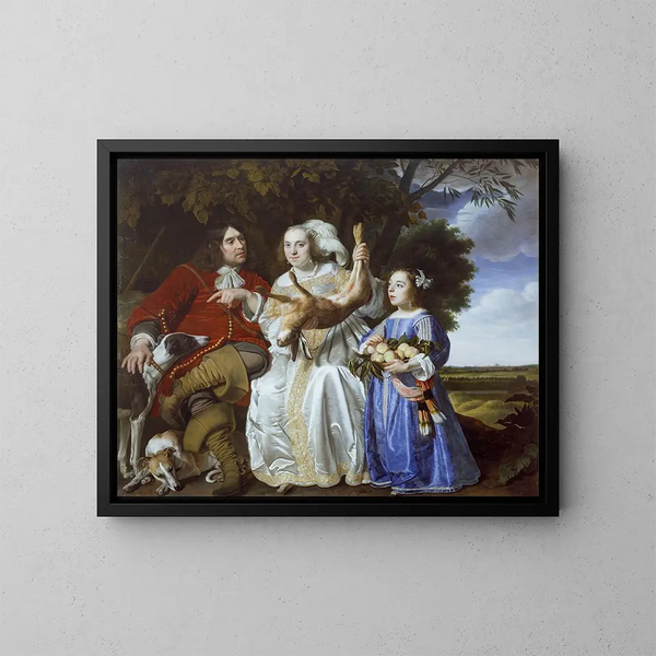 Jochem van Aras con su esposa y su hija - Bartholomeus van der Helst — cuadro enmarcado en la pared