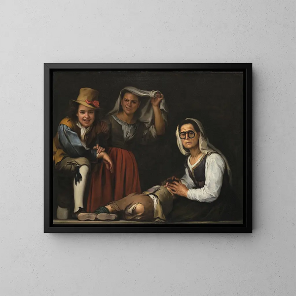 Cuatro figuras en una escalera - Bartolomé Esteban Murillo — cuadro enmarcado en la pared