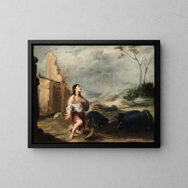 El hijo pródigo alimentando cerdos - Bartolomé Esteban Murillo — cuadro enmarcado en la pared
