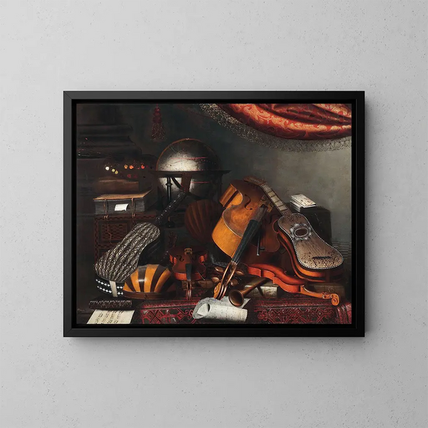 naturaleza muerta con instrumentos musicales, libros y cartas para jugar - Bartolomeo Bettera — cuadro enmarcado en la pared