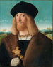 Portrait of a bearded man with medium-length hair wearing a fur-lined coat and holding a dagger. A landscape beyond - Bartolomeo Veneto — artwork view