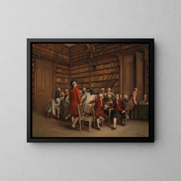 Les encyclopédistes à la bibliothèque du roi - Benjamin Eugène Fichel — framed artwork on a wall