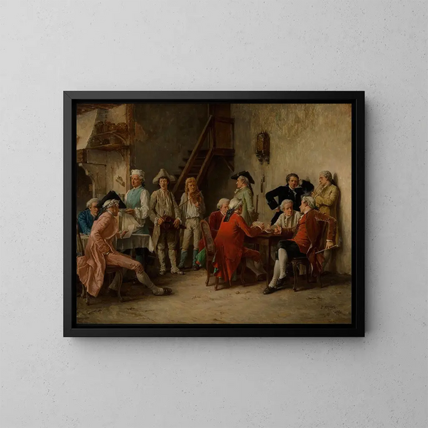 Troubadours en voyage divertissant dans une auberge - Benjamin Eugène Fichel — framed artwork on a wall