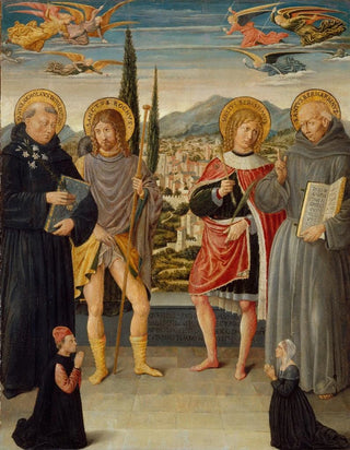 Benozzo Gozzoli - Saints Nicholas of Tolentino Roch Sebastian and Bernardino of Siena with Kneeling Donors.webp