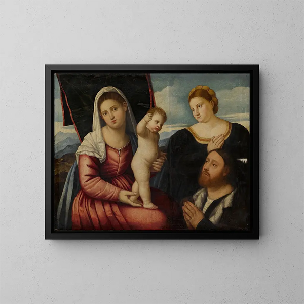 Virgin and Child with Two Donors - Bernardino Licinio — framed artwork on a wall
