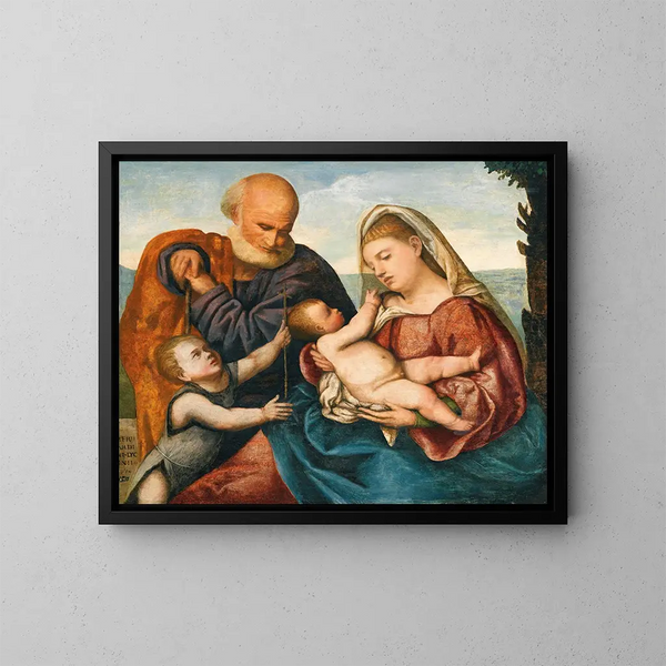 La Sainte Famille avec le Saint Enfant Jean-Baptiste - Bernardino Licinio — framed artwork on a wall