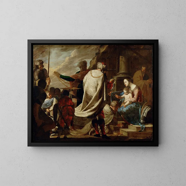 Adoración de los Reyes Magos - Bernardo Cavallino — cuadro enmarcado en la pared