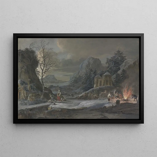 Bernhard Hendrik Thier - Winterlandschaft im Mondschein rechts unterhalten Bauern ein groes Feuer.webp