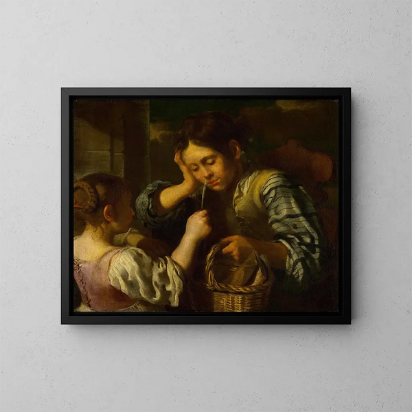 Niña provocando a un niño - Bernhard Keil — cuadro enmarcado en la pared