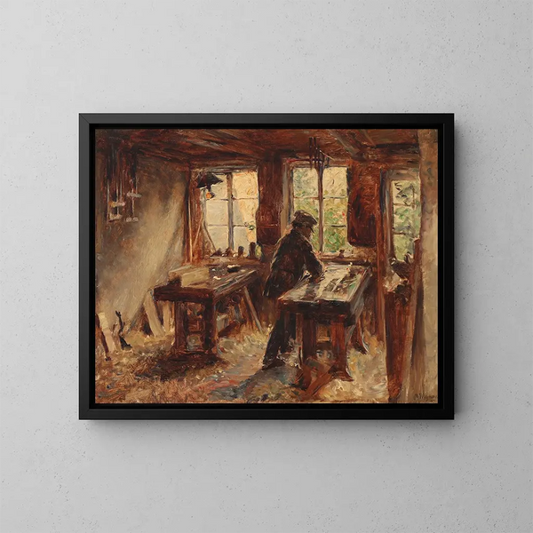 En el taller del carpintero - Bertha Wegmann — cuadro enmarcado en la pared