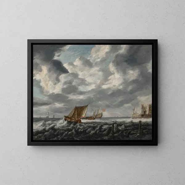 Vesles navigating on rough waters - Bonaventura Peeters the Elder — framed artwork on a wall