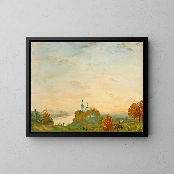 Sobre el río en otoño - Boris Kustodiev — cuadro enmarcado en la pared