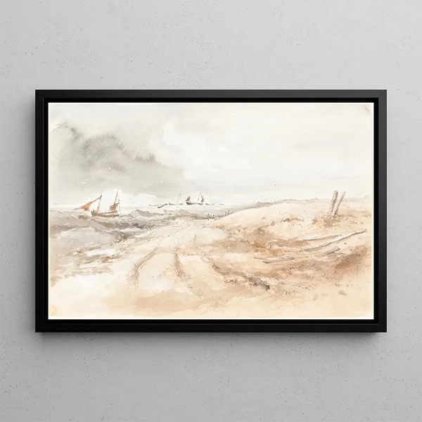 British 19th Century - Shore Scene with Boats in Choppy Water.webp