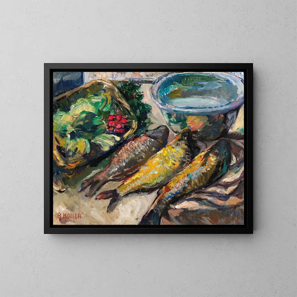 naturaleza muerta con tres peces - Broncia Koller-Pinell — cuadro enmarcado en la pared
