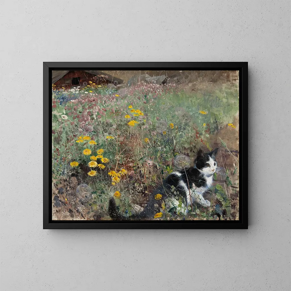 Chat dans un pré fleuri - Bruno Liljefors — framed artwork on a wall