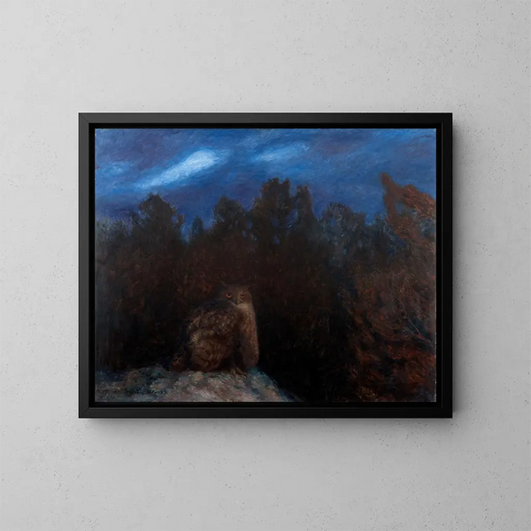 The great horned owl in the heart of the forest - Bruno Liljefors — framed artwork on a wall
