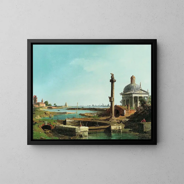 a lock, a column, and a church on the edge of a lagoon - Canaletto — framed artwork on a wall