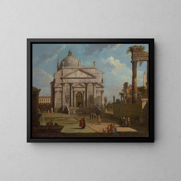 a Caprice with the Church of the Redeemer - Canaletto — framed artwork on a wall