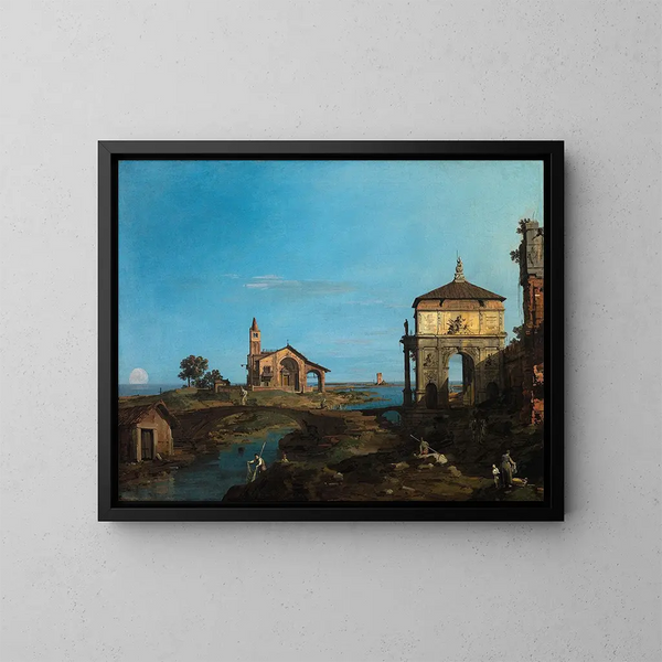an island in the lagoon with a door and a church - Canaletto — framed artwork on a wall