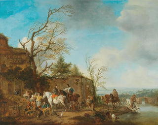 Carel van Falens - A riding party taking refreshments in a river landscape.webp