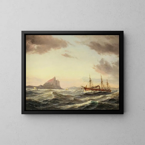 Barco de vapor frente al acantilado de Gibraltar - Carl Bille — cuadro enmarcado en la pared