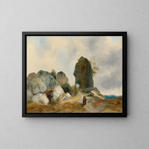 Un paisaje rocoso con un ermitaño - Carl Blechen — cuadro enmarcado en la pared