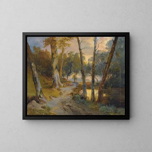 Bosque con pequeño estanque - Carl Blechen — cuadro enmarcado en la pared