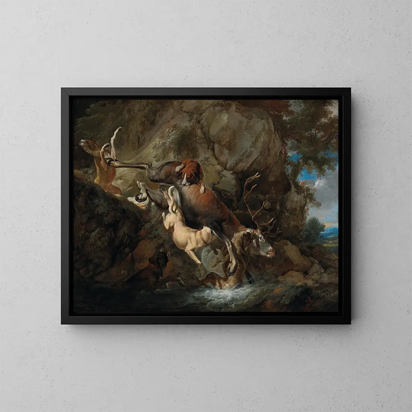 perros atacando a un ciervo - Carl Borromäus Andreas Ruthart — cuadro enmarcado en la pared