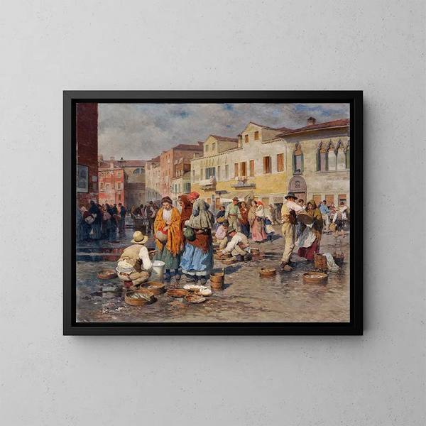 Fish Market Painting in Venice - Carl Feiertag — framed artwork on a wall