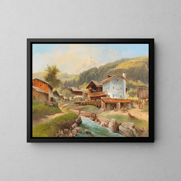 Village de montagne au bord d'un ruisseau - Carl Franz Emanuel Haunold — framed artwork on a wall