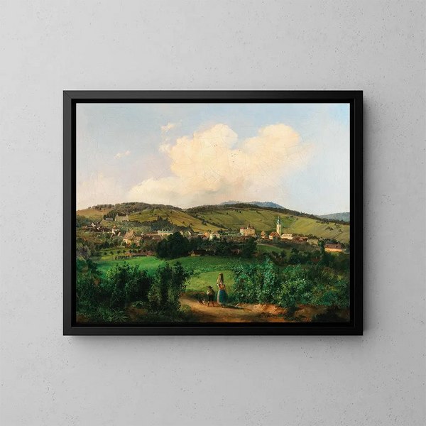Vienne, view of the church and barracks in Mauer from Lange Gasse - Carl Franz Michael Geyling — framed artwork on a wall