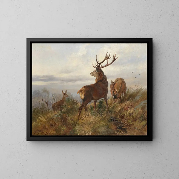 Deer in the morning mist - Carl Friedrich Deiker — framed artwork on a wall