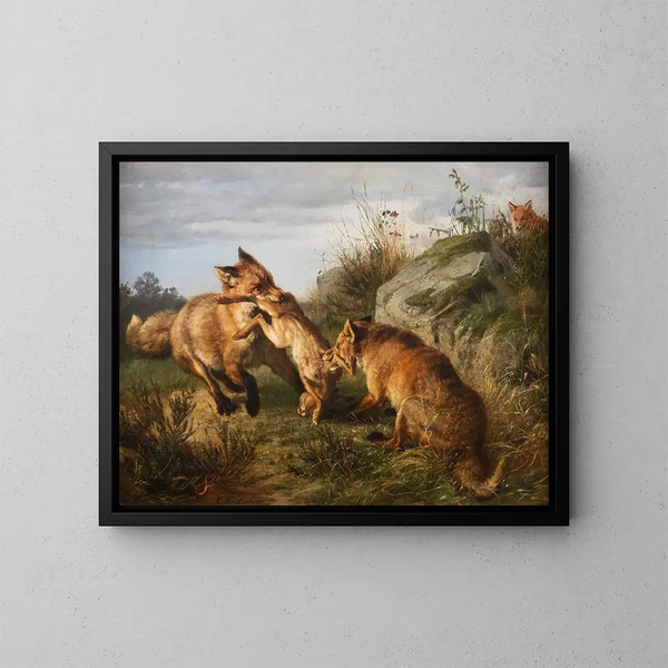 Two foxes fighting over their prey - Carl Friedrich Deiker — framed artwork on a wall