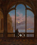 Night by moonlight on the Italian sea with a sunk reader at the Gothic window - Carl Gustav Carus — artwork view