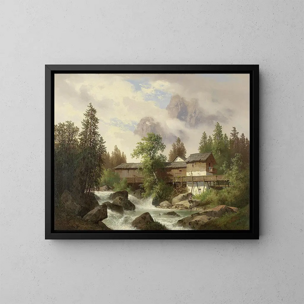 Paisaje con aserradero - Carl Hasch — cuadro enmarcado en la pared