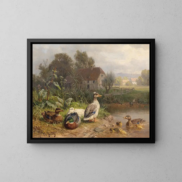 Patos junto al estanque - Carl Jutz — cuadro enmarcado en la pared
