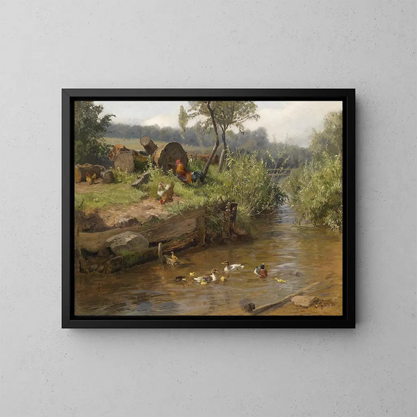 Familia de patos junto al agua - Carl Jutz — cuadro enmarcado en la pared
