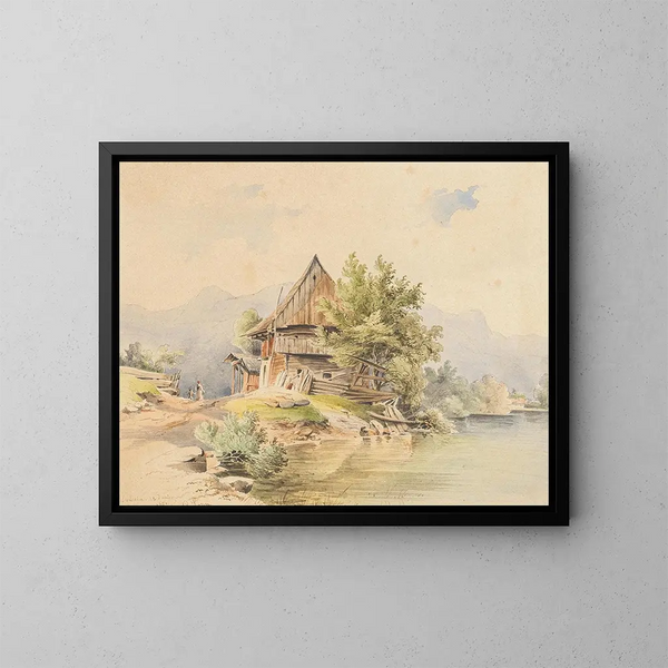 Cabaña de madera junto al lago - Carl Lafitte — cuadro enmarcado en la pared