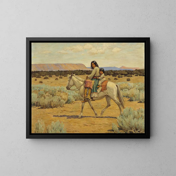 Madre apache y niños a caballo - Carl Moon — cuadro enmarcado en la pared