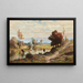 Landscape painting with cows drinking and city in the background - Carl Philipp Weber — framed artwork on a wall