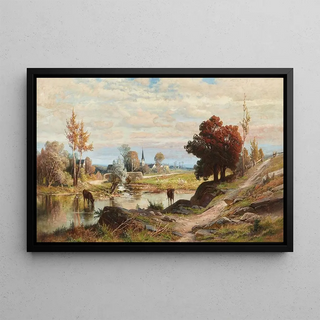 Carl Philipp Weber - Landscape with Cows Watering and Town in Background.webp