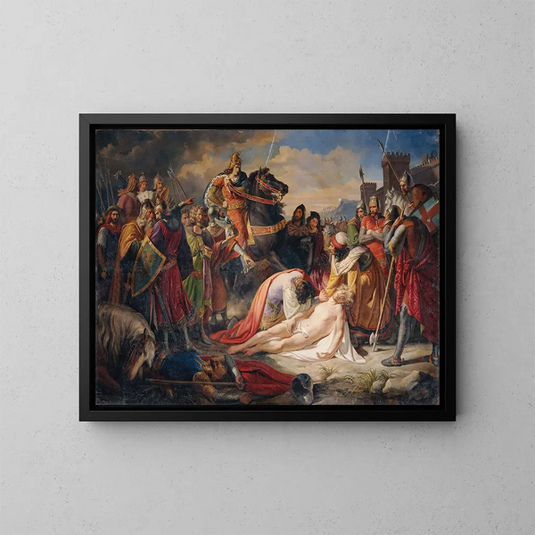 Charles I de Anjou junto al cuerpo de Manfred tras la batalla de Benevento el 26 de febrero de 1266 - Carl Rahl — cuadro enmarcado en la pared