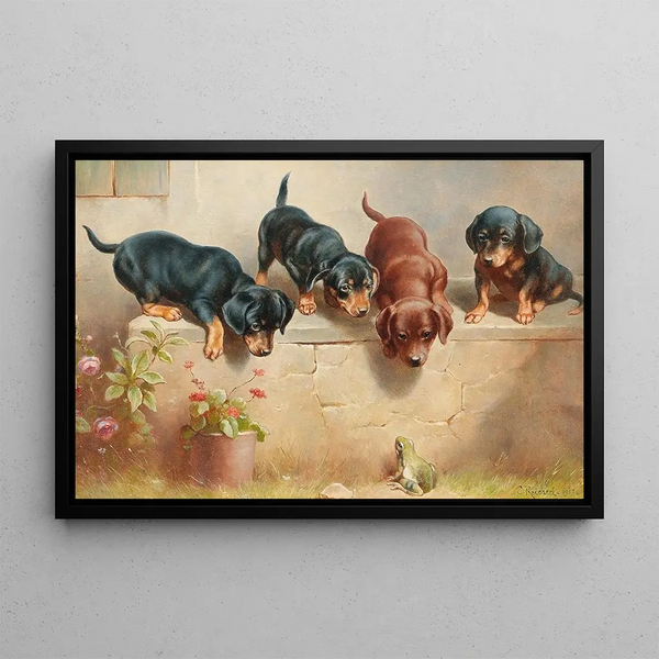 de cachorros teckel curiosos y una rana - Carl Reichert — cuadro enmarcado en la pared